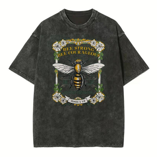 [Mineral Wash Shirt] Bee Strong Bee Courageous Christian Washed Shirt Jesus Graphic Style Shirt Casual Crewneck