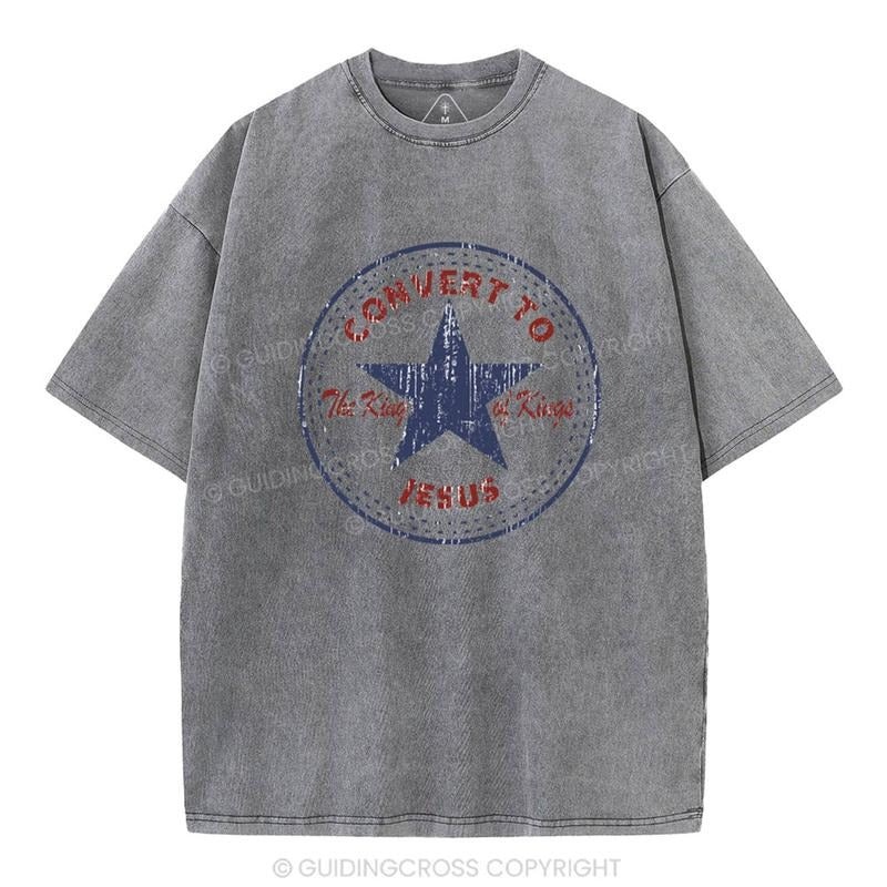 [Mineral Wash Shirt] Convert to The King Of Kings Christian Washed Shirt Jesus Graphic Style Shirt Casual Crewneck