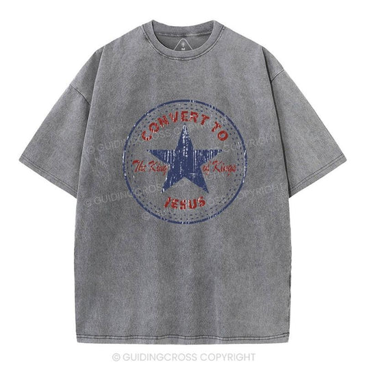 [Mineral Wash Shirt] Convert to The King Of Kings Christian Washed Shirt Jesus Graphic Style Shirt Casual Crewneck