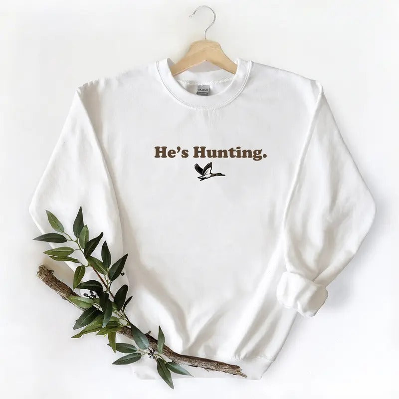 Minimalist He is Hunting Mallard Duck Sweatshirts Pullover Graphic Tee Unisex Retro T-shirt, Hunting Season 2025 2026 Cotton Fabric