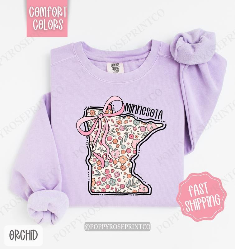 Minnesota Floral Comfort Colors Sweatshirt, Minnesota Sweatshirt, Cute Bow Minnesota Sweatshirt