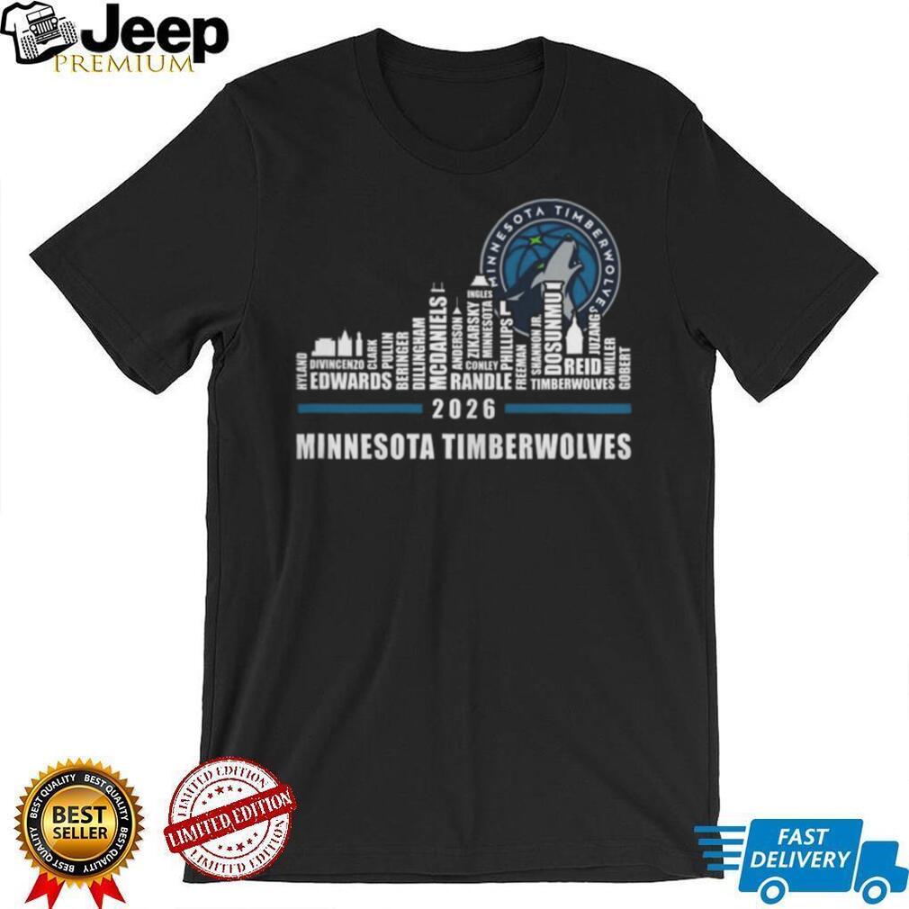 Minnesota Timberwolves City Skyline 2026 Season Roster Player Names Fans Vintage Black T Shirt