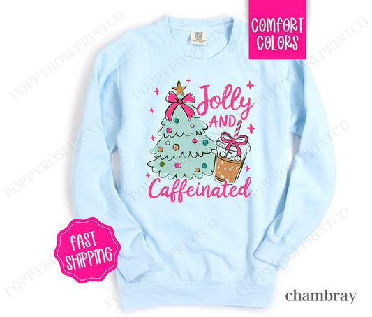Mint Jolly and Caffeinated Sweatshirt Comfort Colors, Preppy Christmas Crewneck,  Womens Holiday Sweater
