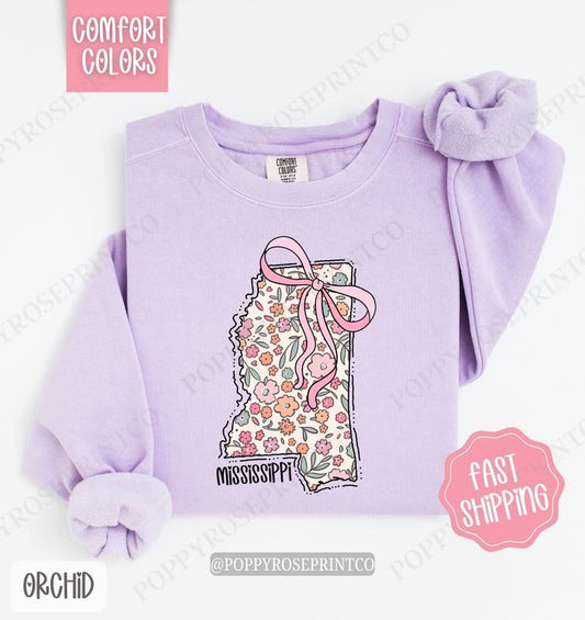 Mississippi Floral Comfort Colors Sweatshirt, Mississippi Sweatshirt, Cute Bow Mississippi Sweatshirt