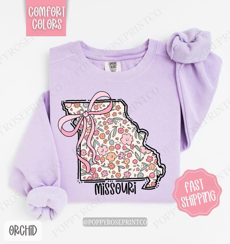 Missouri Floral Comfort Colors Sweatshirt, Missouri Sweatshirt, Cute Bow Missouri Sweatshirt