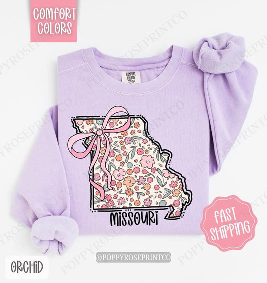 Missouri Floral Comfort Colors Sweatshirt, Missouri Sweatshirt, Cute Bow Missouri Sweatshirt