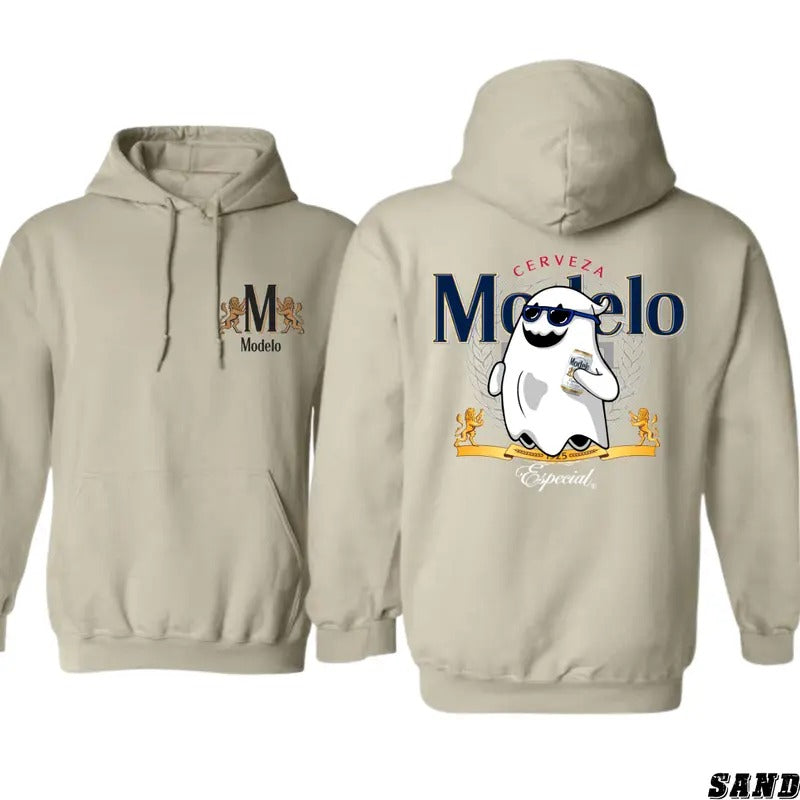 Modelo Especial Hoodie - Fun Halloween Ghost Design Featuring Classic Beer Theme, Perfect for Modelo Fans and Casual Comfort, Unisex Hoodie for Everyday Style Menswear Sweaters