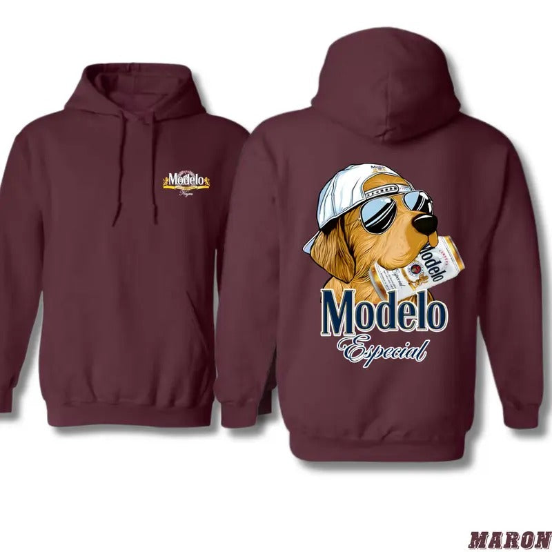 Modelo Hoodie - Cool Dog Graphic with Modelo Especial Beer Can, Perfect for Beer Lovers and Dog Enthusiasts, Comfortable Hoodie for Casual Days and Outdoor Adventures.