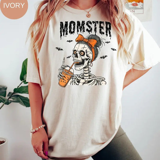 Momster Skeleton Mom Halloween Comfort Color T-shirt Funny Mama Halloween Shirt Mom Spooky Season Coffee Lover Fall Tee Gift For Mothers
