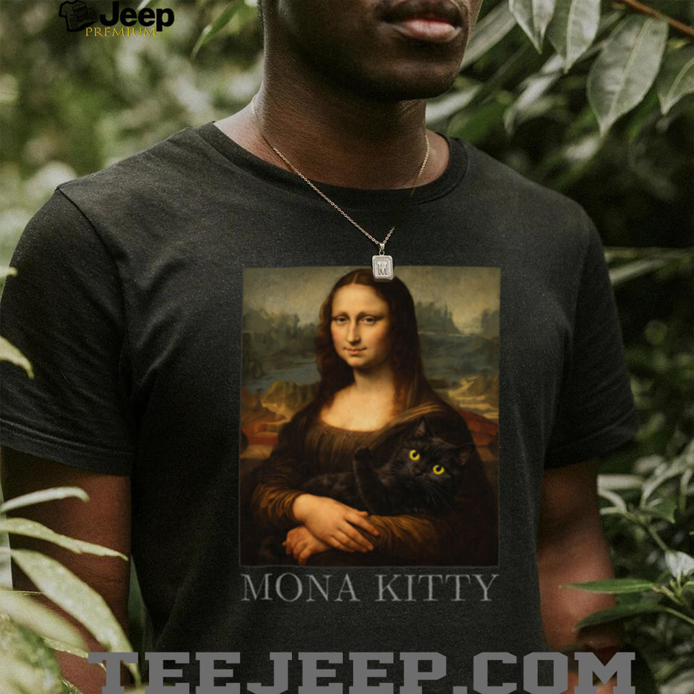 Mona Kitty Parody Mona Lisa Holding Black Cat Art T Shirt