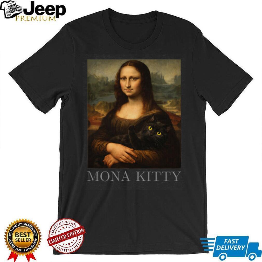 Mona Kitty Parody Mona Lisa Holding Black Cat Art T Shirt