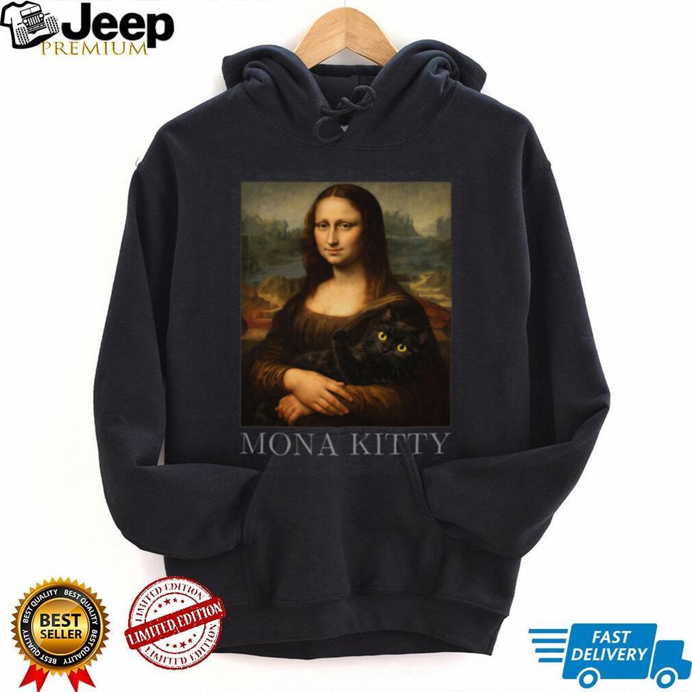 Mona Kitty Parody Mona Lisa Holding Black Cat Art T Shirt
