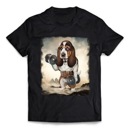 Monster Basset Hound Dog Weightlifting with Dumbbell in Mountainous Outdoor - Short-Sleeve Unisex, Men Made in USA