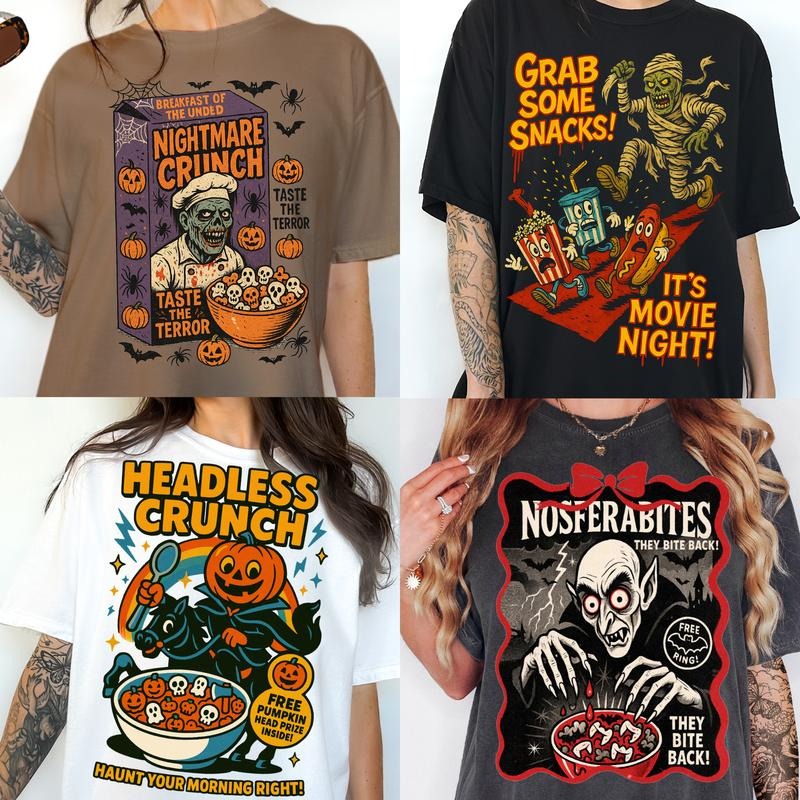 Monster Cereal Theme -  T-Shirt Unisex Comfortable Halloween Theme Garment Dyed Soft Cotton Relaxed Fit Durable Graphic All Seasons