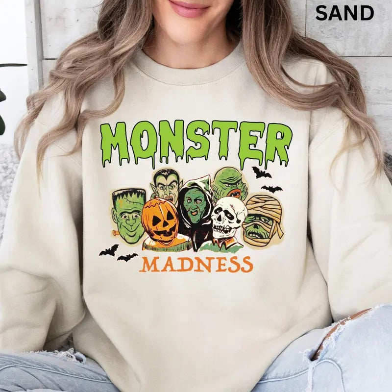 Monster Madness Halloween Sweatshirt, Halloween Crewneck, Unisex Halloween, Monsters Sweatshirt, Halloween Monsters Casual Comfort