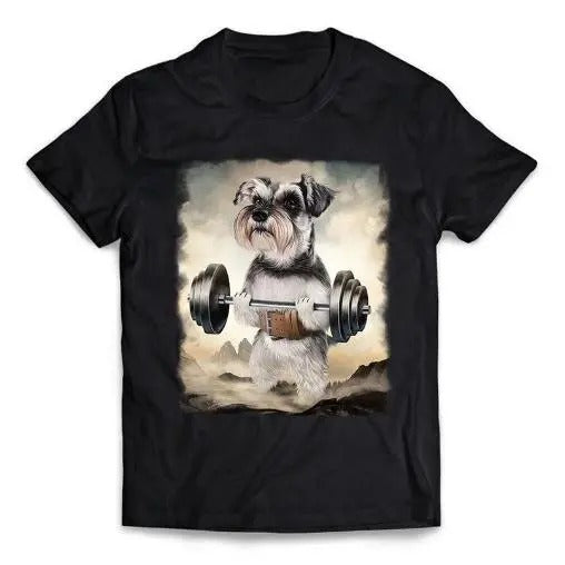 Monster Schnauzer Dog Weightlifting in Mountainous Outdoor - Short-Sleeve Unisex T-Shirt Made in USA