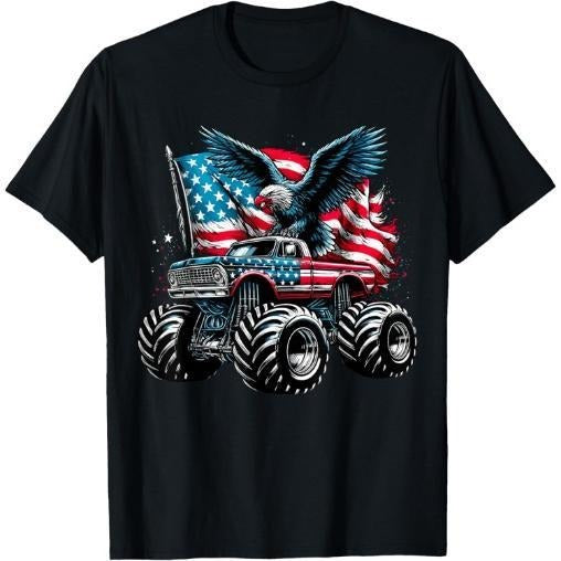 Monster Truck Bald Eagle 4th of July Boys American Flag T-Shirt Made in USA