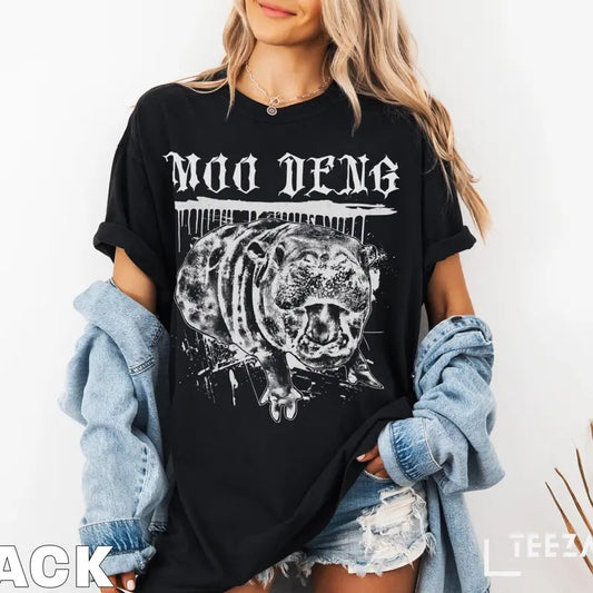 Moo Deng Metal Shirt, Funny Trending Meme T-Shirt, Viral Baby Hippo Tee, Pygmy Hippo Graphic Shirt, Moo Deng Gothic Style T-Shirt