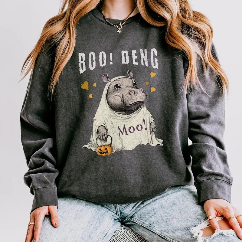 Moo Deng Sweatshirt - Cute Boo Deng Baby Hippo Halloween Pullover,   Vintage Halloween Sweatshirt Cotton Womenswear Hoodie Light