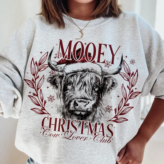 Mooey Christmas Cow Lover Club TShirt, Christmas Season, Christmas Highland Cow Unisex Women's Top in 100% Cotton