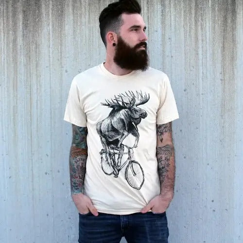 Moose on a bicycle - Mens T Shirt, Unisex Tee, Cotton Tee, Handmade graphic tee, Bicycle shirt, Bike Tee Made in USA