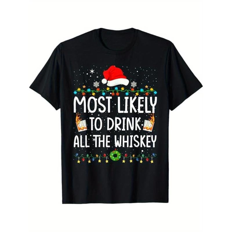 Most Likely To Drink All The Whiskey Santa Christmas Lights T-Shirt, 100% Cotton, Gift for Men Women Dad Mom Friends, S-XXXL, Black Made in USA
