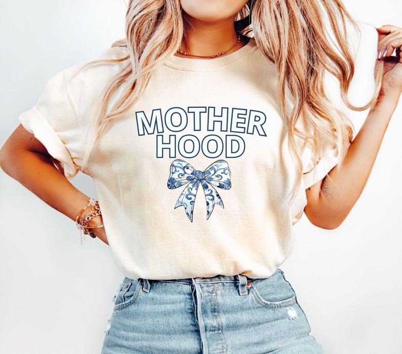 Motherhood Comfort Colors T-Shirt Cool Mom Club , Mother Hood Shirt, Coquette Blue Floral Mama Tshirt, Blue Toile Mom...