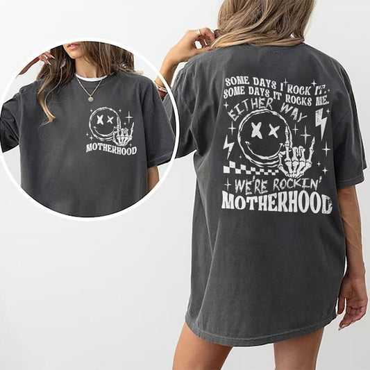 Motherhood Some Days I Rock It Shirt, Motherhood Rock Skeleton T-shirt Double Printed, Mama Shirt, Mom Life Shirt, Gifts For Mom, Soft Cotton Fabric Womenswear, Vintage Funny Skull Mom Tee, Daily Basic Outfits Comfort Fit, Rocking Mom Women Tops