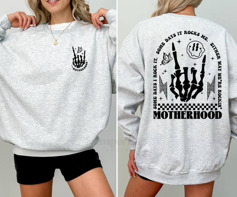 Motherhood Sweatshirt, Must-Have Motivational Crewneck, Front and Back Statement Graphic, Cozy Unisex Streetwear, Soft Girl Essential, Gym & Chill Pullover, Comfy Confidence-Boosting Daily Wear Full Color Print Casual Comfort