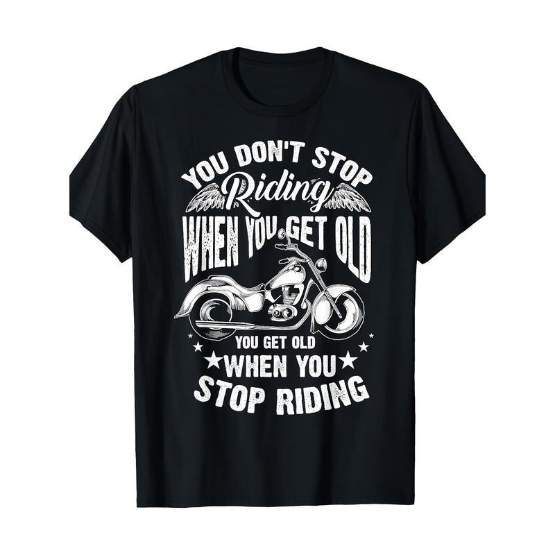 Motorcycle-Themed Crew Neck T-Shirt, 100% Cotton, Regular Fit, Short Sleeve, Basic Geometric Pattern, Slight Stretch Fabric, 220g, with Digital Print Design, for Casual Weekend Wear, All-Season Pullover Made in USA