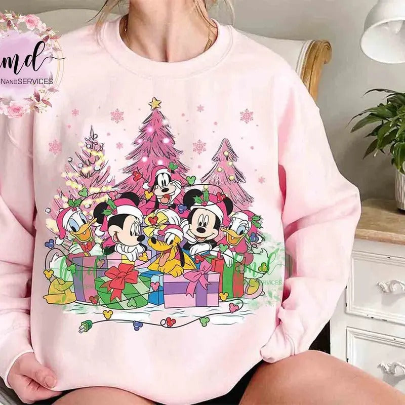 Mouse Pink Christmas Light T-shirt Sweatshirt, Very Merry Xmas Matching Tee, Vacation Holiday Family Gift