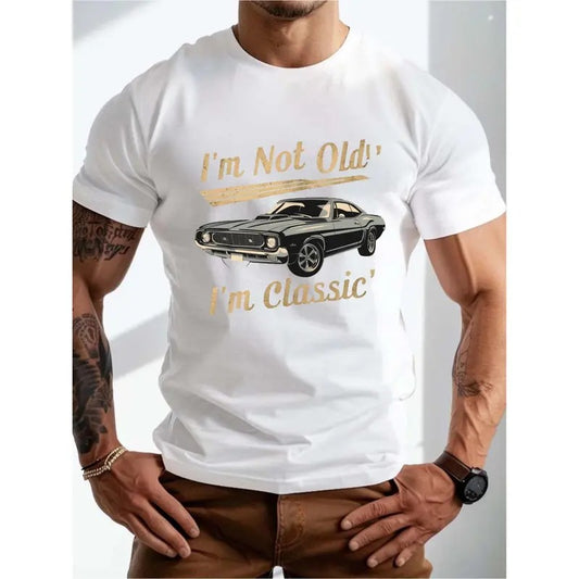 Muscle Car Vintage Pattern Print Short Sleeve T-shirt - Soft, Breathable, Comfy, Round Neck, Casual Loose Fit, Summer Sports Top for Men Made in USA
