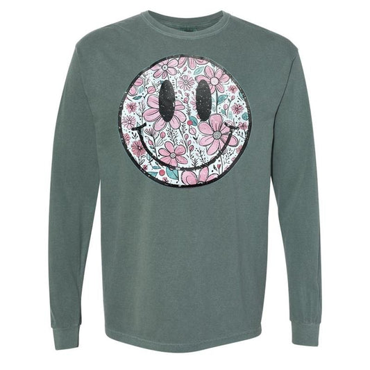Muted Florals Happy Face LONG SLEEVE Comfort Colors T-Shirt 'NLB'