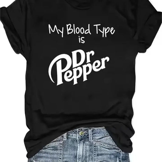 My Blood Type Is Dr Pepper Print Polyester Breathable Vintage Graphic Tee Shirt Crew Neck Casual T Shirts For Women Menswear Streetwear Crewneck