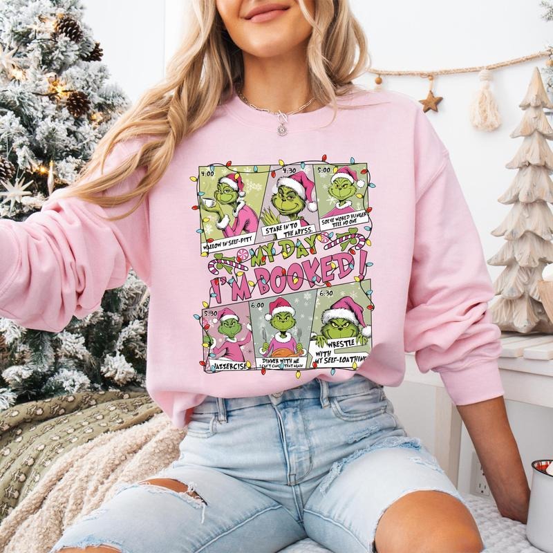 My Day I'm Booked Grinchy Pink Sweatshirt, Pink Christmas Sweatshirt, Christmas Schedule Shirt, Christmas Movie Shirt, Xmas Gift