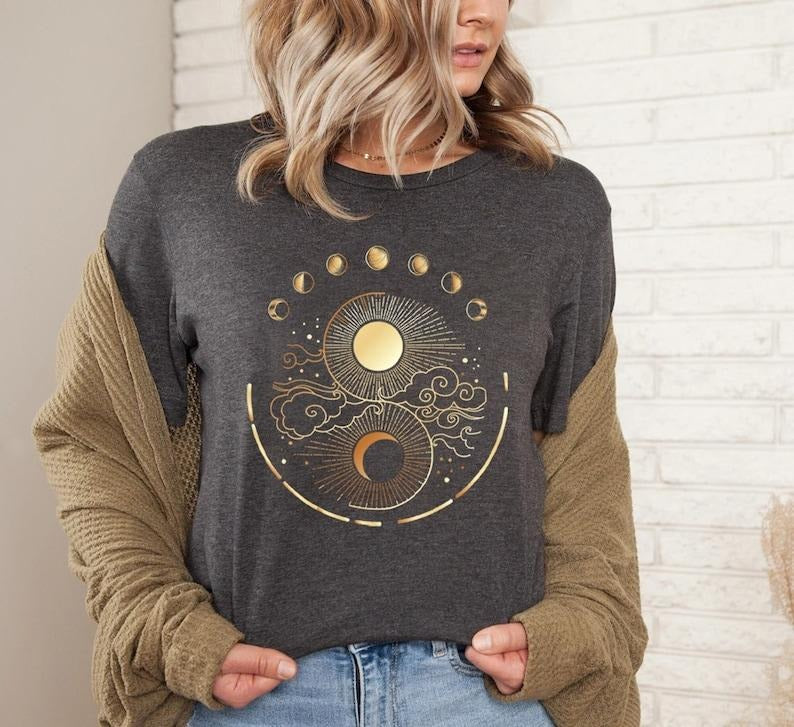 Mystic Moon And Sun Shirt, Mystical Moon Phase Shirt, Moon Phase T-Shirt, Boho Vintage Moon Shirt, Celestial Moon Shirt, Spiritual T-Shirt