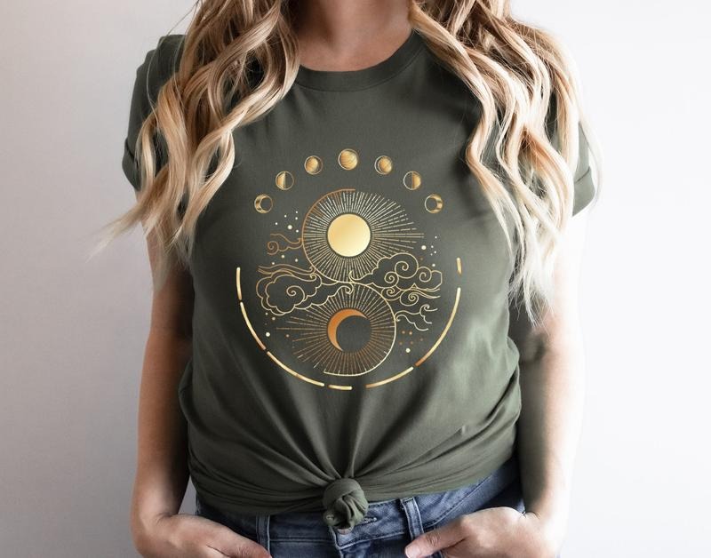 Mystic Moon And Sun T Shirt, Mystical Moon Phase Sweatshirt, Moon Phase T-Shirt, Boho Vintage Moon Shirt, Celestial Moon Sweater, Spiritual Womenswear Tee