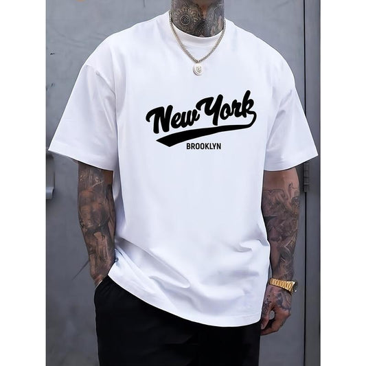 NEW YORK Print Men's Round Crew Neck Short Sleeve Tee, Fashion T-Shirt, Comfy Breathable Casual Sports Top For Spring Summer Holiday Leisure Vacation Made in USA