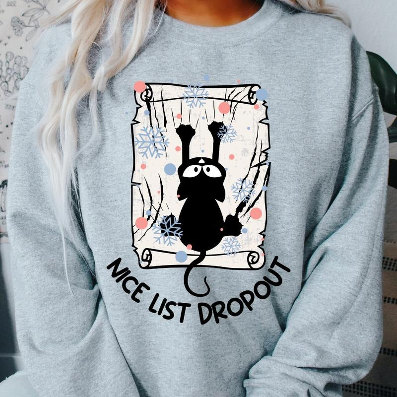 NICE LIST DROPOUT CAT CREWNECK (Crewneck Sweatshirt, Unisex Fit, Causal Sweatshirt for Christmas, Christmas Holiday Sweatshirt) Oversized Womenswear