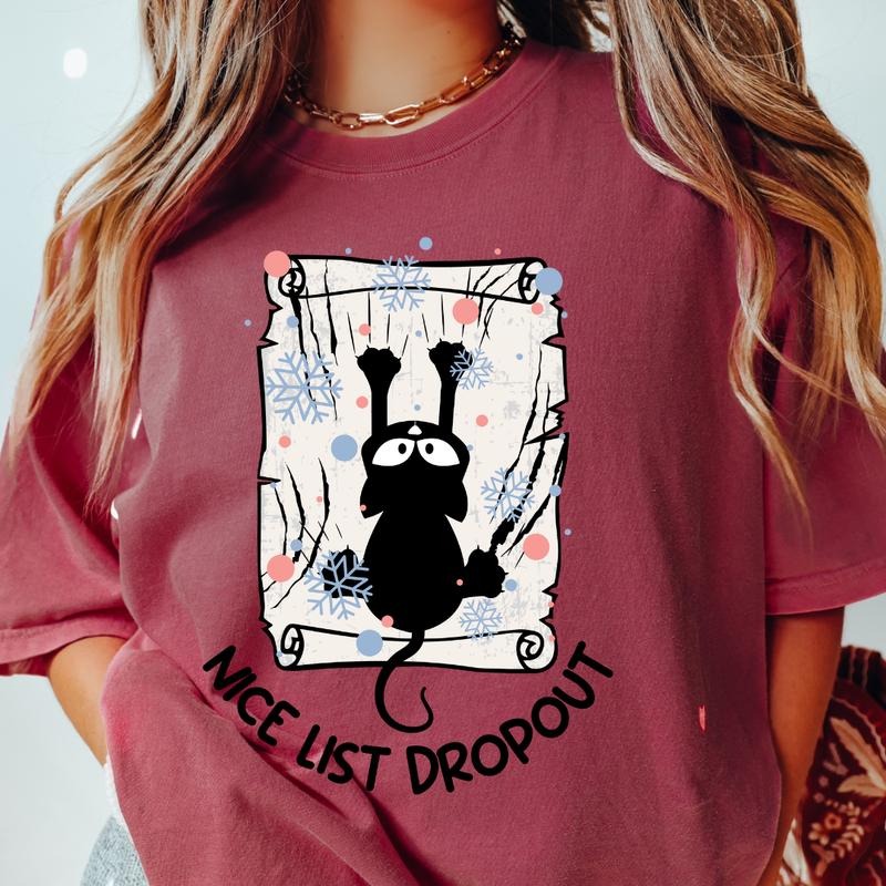 NICE LIST DROPOUT T-SHIRT (COMFORT COLORS T-SHIRT, CASUAL SHIRT UNISEX, CHRISTMAS CLOTHING, GRAPHIC APPAREL, HOLIDAY SHIRT) Cotton Fabric