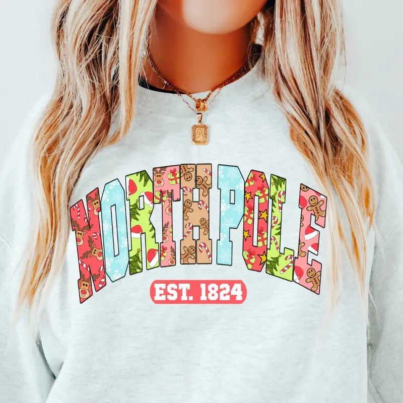 NORTH POLE CHRISTMAS CREWNECK (Crewneck Sweatshirt, Unisex Fit, Causal Sweatshirt for Christmas, Christmas Holiday Sweatshirt) Oversized Womenswear Hoodie Printed