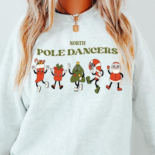 NORTH POLE DANCERS CHRISTMAS CREWNECK (CHRISTMAS CREWNECK HOLIDAY CREWNECK SWEATSHIRT, RUNS TRUE TO SIZE GO UP ONE SIZE FOR THE OVERSIZED LOOK CASUAL WEAR HOLIDAY APPAREL) Fit Womenswear Everyday Hoodie Cotton Style