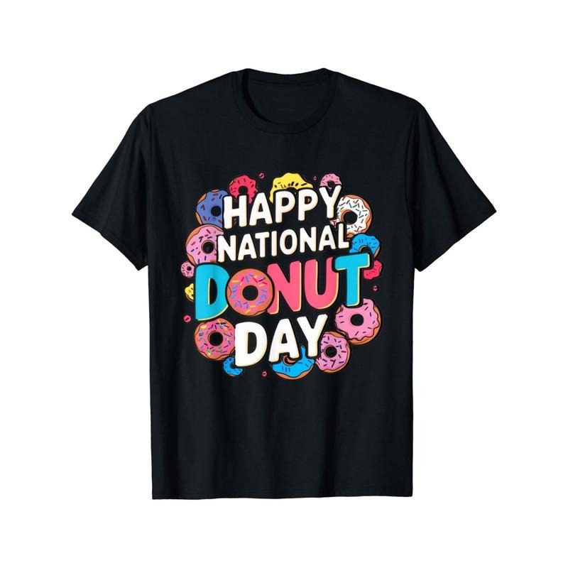 National Donut Day Celebration T-Shirt, 100% Cotton, Casual Crew Neck, High Stretch Knit Fabric, Regular Fit, with...