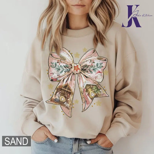 Nativity Bow Christmas Shirt , Religious Christmas Comfort Colors, Women's Holiday Sweater