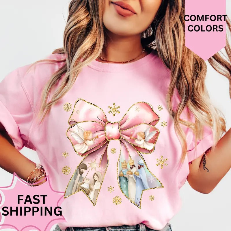 Nativity Bow Christmas Shirt, Comfort Colors, Christmas Coquette Shirt, Women's Holiday Tee, Casual Comfy Graphic
