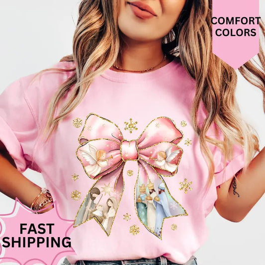 Nativity Bow Christmas Shirt, Comfort Colors, Christmas Coquette Shirt, Women's Holiday Tee, Casual Comfy Graphic