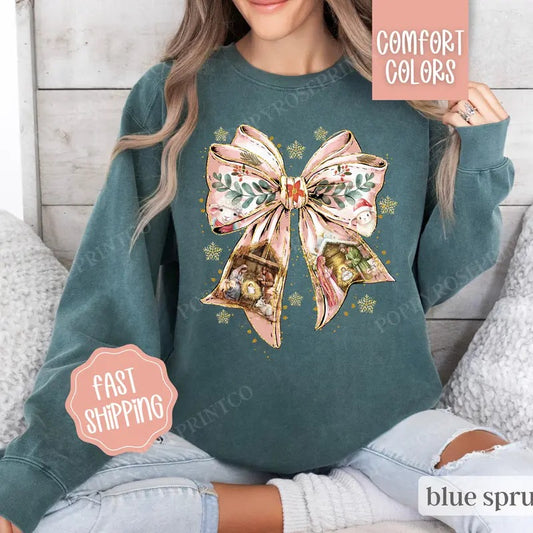 Nativity Bow Christmas Sweatshirt Comfort Colors,  Religious Christmas Sweater Womenswear,  Holiday Crewneck