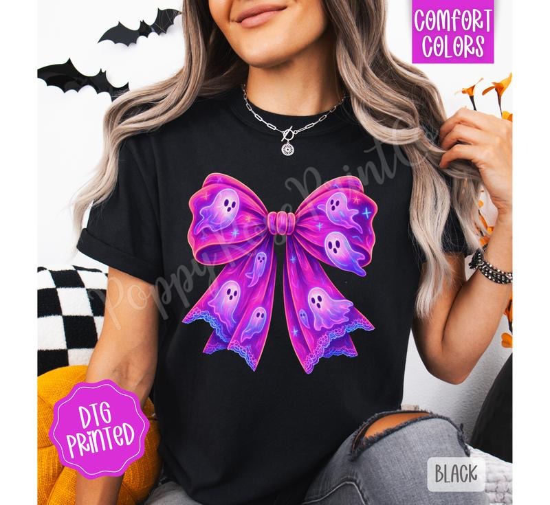 Neon Ghost Bow Shirt Comfort Colors, Trendy Halloween Tshirt
