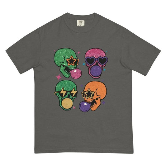 Neon Glitter Skulls Halloween Shirt ~ Unisex Apparel Relaxed Fit Printed In The USA Clothing Womenswear Casual Comfort Cotton Top Athletic Boho Chic