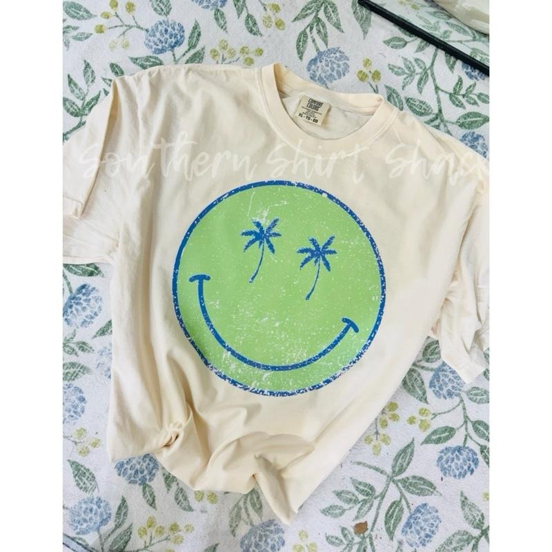 Neon Green Smiley Palms T shirt  | Ivory comfort colors t shirt top